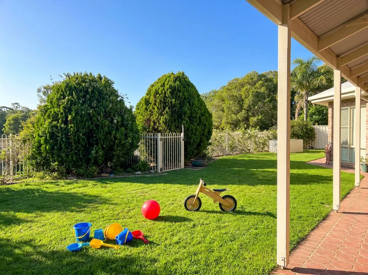The big sunny backyard and covered patio at Marati Family Day Care