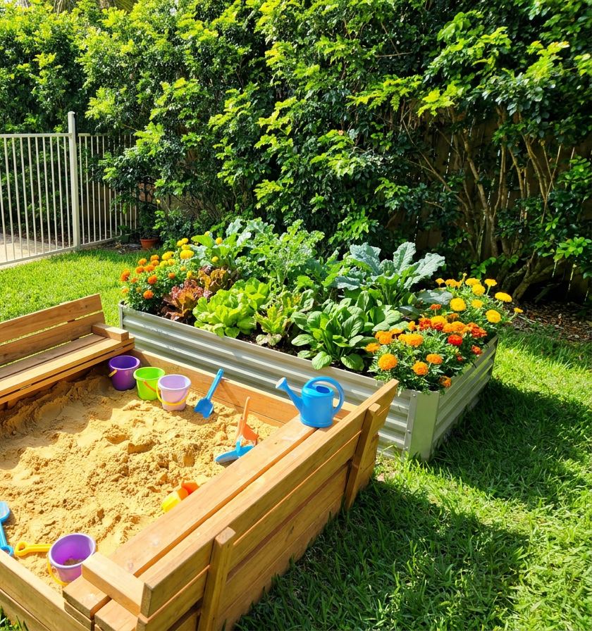 The sandpit with buckets and spades beside a raised garden bed of vegetables and marigolds